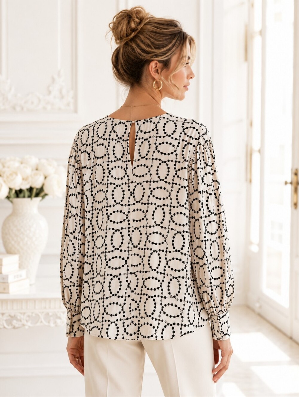 Philosophy Blouse | Size 3X | Ivory Black Geometric Print Long Sleeve Top - Picture 2 of 11